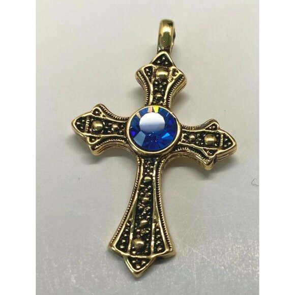Elegant Gold Tone Cross Pendant with Blue Rhinestone Accent Christian Religious - Picture 4 of 6
